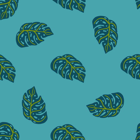 Floral exotic seamless pattern with doodle random monstera shapes ornament. Blue background. Stock illustration. Vector design for textile, fabric, giftwrap, wallpapers.のイラスト素材