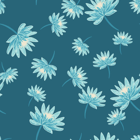 Random seamless pattern with blue palette chrysanthemum flowers ornament. Doodle nature backdrop. Vector illustration for seasonal textile prints, fabric, banners, backdrops and wallpapers.のイラスト素材