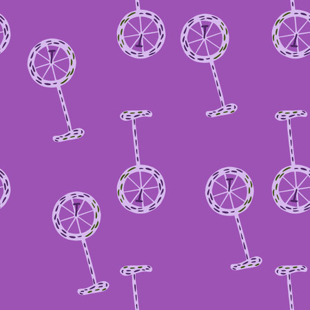 Minimalistic seamless pattern with doodle bicycle elements print. Purple background. Circus simple backdrop. Vector illustration for seasonal textile prints, fabric, banners, backdrops and wallpapers.のイラスト素材