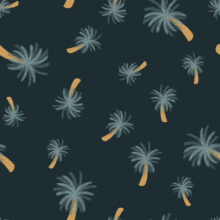 Random abstract nature exotic seamless pattern with blue colored palm trees. Black background. Simple design. Graphic design for wrapping paper and fabric textures. Vector Illustration.のイラスト素材