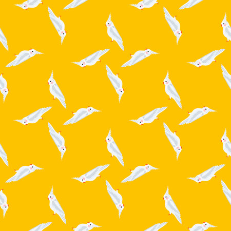 Geometric seamless pattern with white cockatoo parrot exotic bird print. Yellow bright backdrop. Flat vector print for textile, fabric, giftwrap, wallpapers. Endless illustration.のイラスト素材