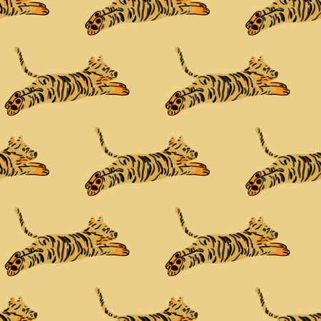 Childish style seamless pattern with simple orange and brown tiger print. Light beige background. Flat vector print for textile, fabric, giftwrap, wallpapers. Endless illustration.のイラスト素材