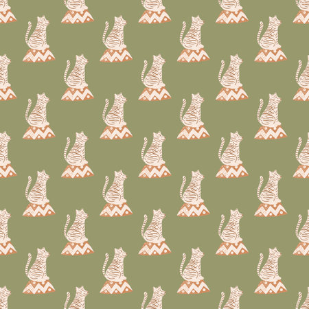 Circus training seamless pattern with light tiger elements ornament. Green olive pale background. Vector illustration for seasonal textile prints, fabric, banners, backdrops and wallpapers.のイラスト素材