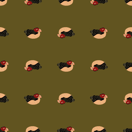 Decorative zoo seamless pattern with hand drawn puffin ornament. Green olive background. Hand drawn print. Vector illustration for seasonal textile prints, fabric, banners, backdrops and wallpapers.のイラスト素材