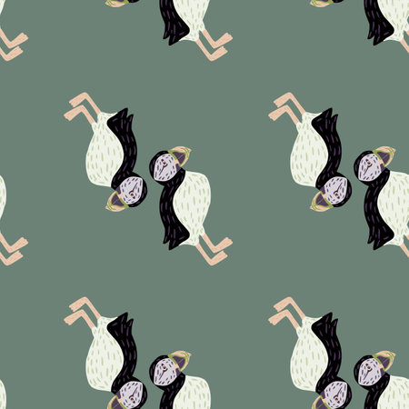 Minimalistic style seamless pattern with black and white puffin bird silhouettes. Pale blue background. Flat vector print for textile, fabric, giftwrap, wallpapers. Endless illustration.のイラスト素材