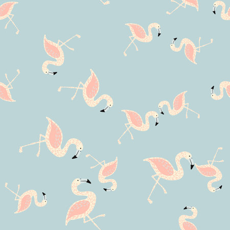 Random seamless pattern with white and pink colored flamingo ornament. Blue background. Doodle print. Graphic design for wrapping paper and fabric textures. Vector Illustration.のイラスト素材