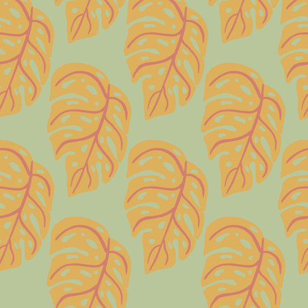 Pale tones seamless pattern with orange monstera foliage shapes. Tropic foliage print. Grey background. Stock illustration. Vector design for textile, fabric, giftwrap, wallpapers.のイラスト素材