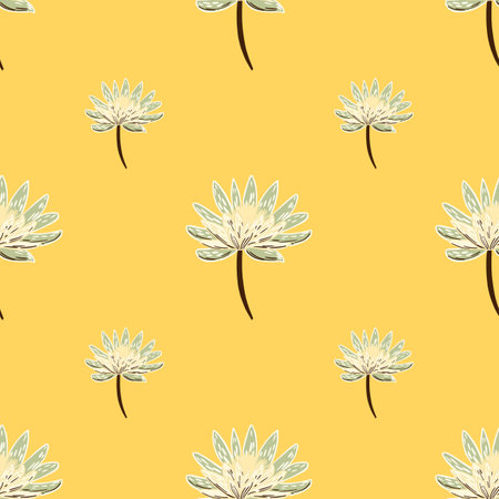 Minimalistic botanic seamless pattern with white chrysanthemum flowers elements. Yellow background. Vector illustration for seasonal textile prints, fabric, banners, backdrops and wallpapers.のイラスト素材
