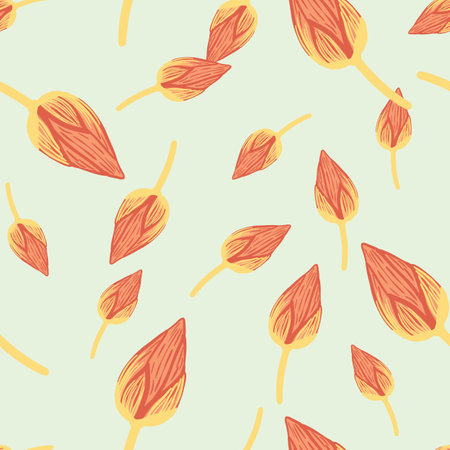 Random doodle seamless pattern with orange colored tulip bud shapes print. Light blue background. Simple design. Stock illustration. Vector design for textile, fabric, giftwrap, wallpapers.のイラスト素材