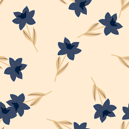 Seamless spring pattern with hand drawn navy blue random simple flowers silhouettes print. Light pink background. Flat vector print for textile, fabric, giftwrap, wallpapers. Endless illustration.のイラスト素材