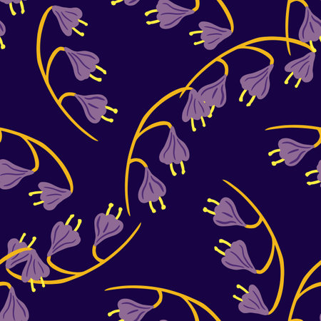 Nature wild field seamless pattern with doodle random bell flowers print. Purple colors artwork. Vector illustration for seasonal textile prints, fabric, banners, backdrops and wallpapers.のイラスト素材