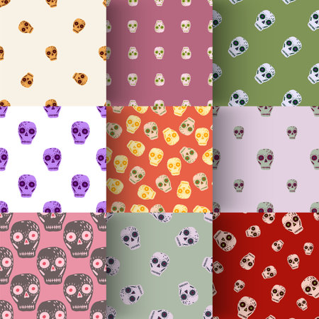 Set of seamless pattern with mexican holiday skull ornament. Day of death holiday print collection. Vector illustration for seasonal textile prints, fabric, banners, backdrops and wallpapers.のイラスト素材