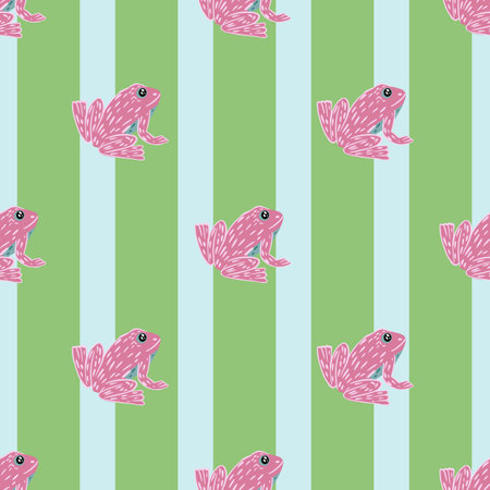 Decorative seamless pattern with pink doodle frog ornament. Striped green background. Bright design. Flat vector print for textile, fabric, giftwrap, wallpapers. Endless illustration.のイラスト素材