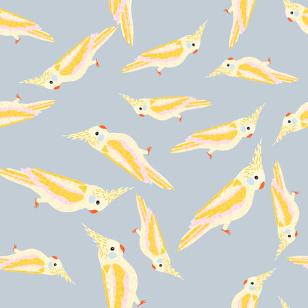 Yellow and white colored cockatoo parrot ornament seamless pattern. Blue background. Random animal print. Flat vector print for textile, fabric, giftwrap, wallpapers. Endless illustration.のイラスト素材