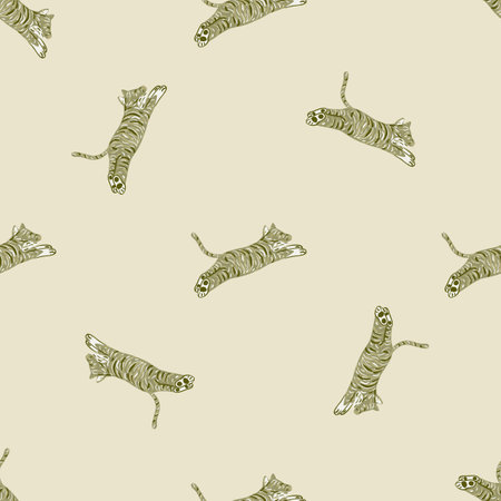 Seamless animal pattern in minimalistic style with wild jumping tiger ornament. Light beige background. Flat vector print for textile, fabric, giftwrap, wallpapers. Endless illustration.のイラスト素材