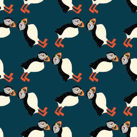 Decorative nature wild seamless pattern with black and white colored puffin bird shapes. Blue background. Flat vector print for textile, fabric, giftwrap, wallpapers. Endless illustration.のイラスト素材