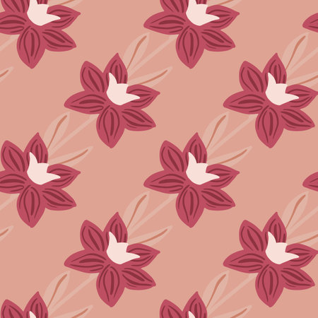 Meadow nature flora seamless pattern with doodle flower simple silhouetts. Pink colors backdrop. Simple design. Flat vector print for textile, fabric, giftwrap, wallpapers. Endless illustration.のイラスト素材