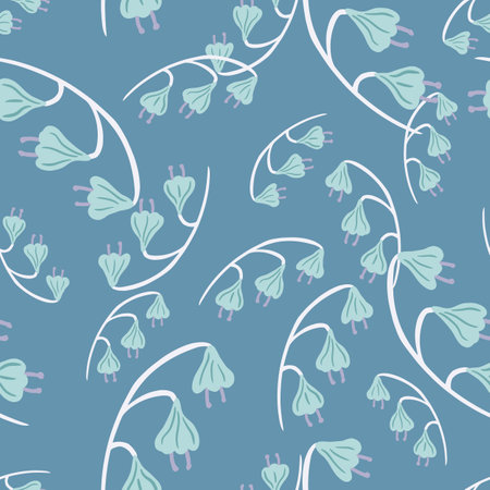 Seamless random pattern with botanic light blue bell flowers silhouettes print. SImple design. Vector illustration for seasonal textile prints, fabric, banners, backdrops and wallpapers.のイラスト素材