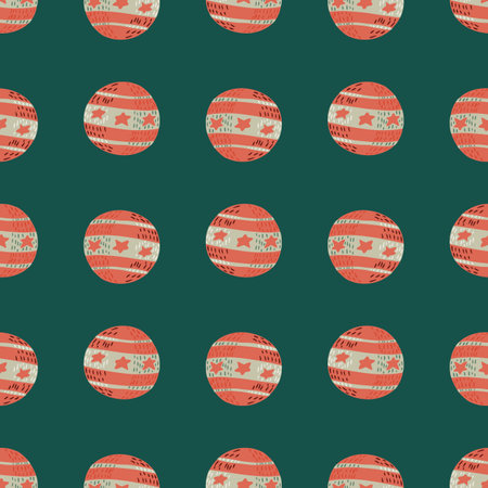 Hand drawn seamless doodle pattern with simple red and grey colored circus ball shapes. Turquoise background. Flat vector print for textile, fabric, giftwrap, wallpapers. Endless illustration.のイラスト素材