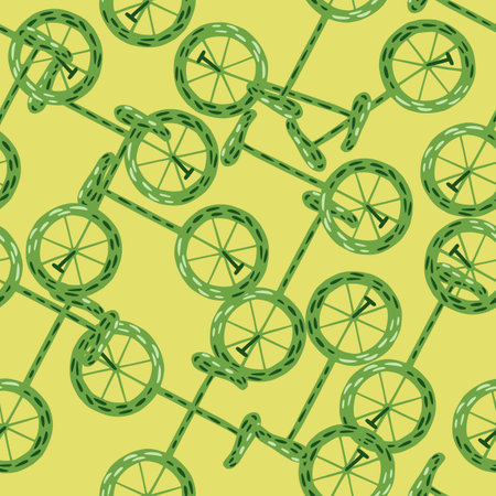 Circus seamless pattern with green colored bicycle elements print. Yellow pale background. Simple design. Vector illustration for seasonal textile prints, fabric, banners, backdrops and wallpapers.のイラスト素材