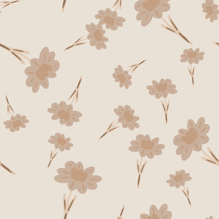 Random seamless pattern with beige doodle flower shapes print. Grey background. Simple nature backdrop. Graphic design for wrapping paper and fabric textures. Vector Illustration.のイラスト素材