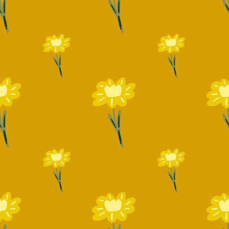 Vintage summer seamless pattern with doodle simple yellow flowers ornament. Ocher background. Graphic design for wrapping paper and fabric textures. Vector Illustration.のイラスト素材