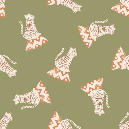 Random seamless doodle pattern with light tiger silhouettes ornament. Green olive background. Vector illustration for seasonal textile prints, fabric, banners, backdrops and wallpapers.のイラスト素材
