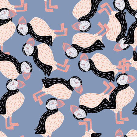 Random seamless pattern with arctic bird puffin silhouettes. Blue background. Cartoon animal backdrop. Flat vector print for textile, fabric, giftwrap, wallpapers. Endless illustration.のイラスト素材