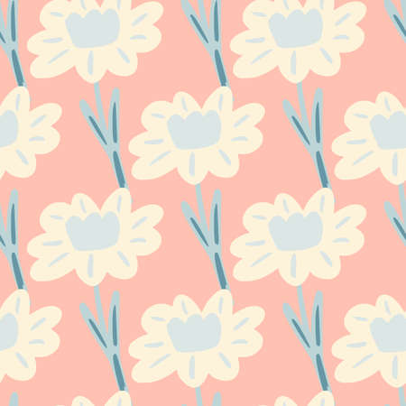 Vintage flat floral seamless pattern with doodle simple white flower silhouettes. Light pink background. Graphic design for wrapping paper and fabric textures. Vector Illustration.のイラスト素材