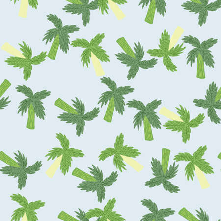 Simple random botanic seamless pattern with green hand drawn palm tree shapes. Blue light background. Graphic design for wrapping paper and fabric textures. Vector Illustration.のイラスト素材