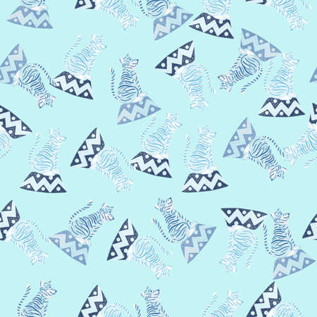 Cartoon childish style seamless pattern with random circus tiger ornament. Blue pastel palette artwork. Vector illustration for seasonal textile prints, fabric, banners, backdrops and wallpapers.のイラスト素材