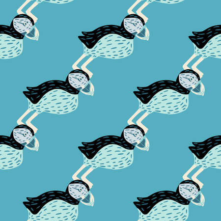 Bright seamless pattern with doodle abstract puffin birds elements. Blue background. Simple doodle backdrop. Flat vector print for textile, fabric, giftwrap, wallpapers. Endless illustration.のイラスト素材