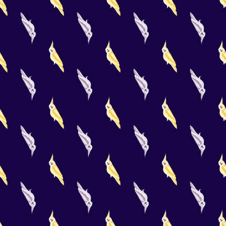 Contrast seamless pattern with light blue and yellow cockatoo parrot bird elements. Navy blue background. Flat vector print for textile, fabric, giftwrap, wallpapers. Endless illustration.のイラスト素材