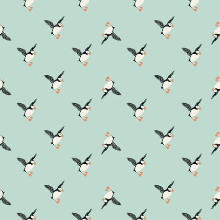 Abstract zoo wild seamless arctic pattern with puffin bird print. Blue pastel background. Creative design. Flat vector print for textile, fabric, giftwrap, wallpapers. Endless illustration.のイラスト素材