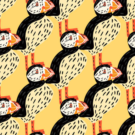 Arctic zoo seamless pattern in doodle style with simple puffin bird silhouettes. Yellow background. Flat vector print for textile, fabric, giftwrap, wallpapers. Endless illustration.のイラスト素材