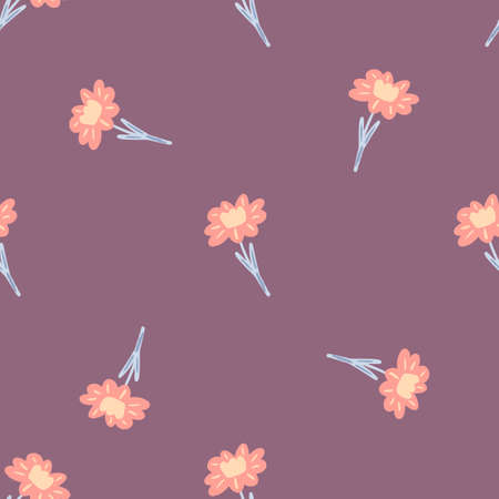 Seamless pattern in minimalistic tones with doodle pink little flower shapes. Purple pastel background. Graphic design for wrapping paper and fabric textures. Vector Illustration.のイラスト素材
