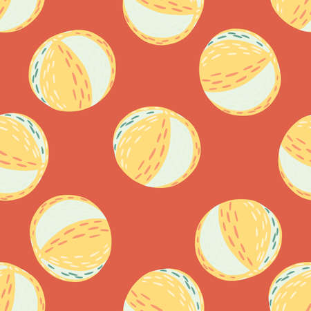 Pastel tones seamless pattern with doodle kids style beach balls elements. Coral background. Activity flat print. Flat vector print for textile, fabric, giftwrap, wallpapers. Endless illustration.のイラスト素材