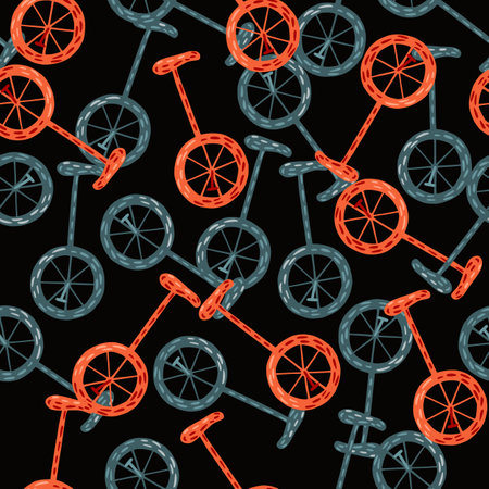 Random seamless pattern with blue and pink circus bicycle ornament. Black background. Contrast transport print. Vector illustration for seasonal textile prints, fabric, banners, backdrops and wallpapers.のイラスト素材