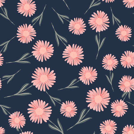 Random abstract seamless pattern with doodle pink chrysanthemum shapes. Navy blue background. Botanic backdrop. Stock illustration. Vector design for textile, fabric, giftwrap, wallpapers.のイラスト素材