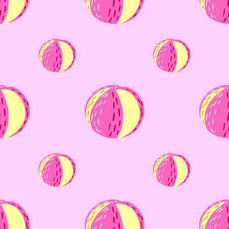 Bright summer seamless pattern with pink and yellow colored beach balls elements. Pastel background. Flat vector print for textile, fabric, giftwrap, wallpapers. Endless illustration.のイラスト素材