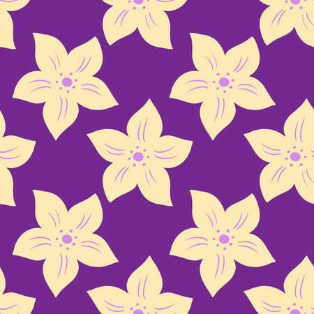 Contrast seamless doodle pattern with yellow light tropic flowers ornament. Purple bright background. Vector illustration for seasonal textile prints, fabric, banners, backdrops and wallpapers.のイラスト素材