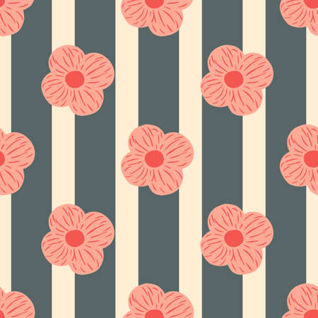 Abstract seamless pattern with pink colored simple flower silhouettes. Navy blue striped background. Vector illustration for seasonal textile prints, fabric, banners, backdrops and wallpapers.のイラスト素材