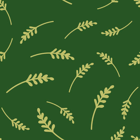 Nature doodle seamless pattern with random branches silhouettes print. Green background. Botanic artwork. Graphic design for wrapping paper and fabric textures. Vector Illustration.のイラスト素材