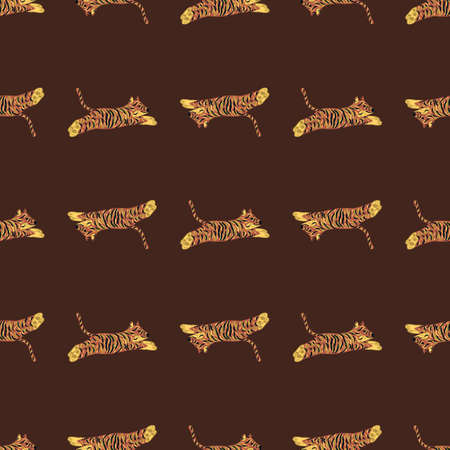 Kids style seamless pattern with zoo tiger orange print. Brown background. Repeat animal backdrop. Flat vector print for textile, fabric, giftwrap, wallpapers. Endless illustration.のイラスト素材