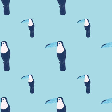 Jungle bird seamless pattern in doodle style with simple toucan shapes ornament. Blue palette bird print. Flat vector print for textile, fabric, giftwrap, wallpapers. Endless illustration.のイラスト素材