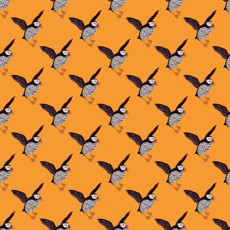 Bright animal iceland seamless pattern with grey and black colored puffin ornament. Orange background. Flat vector print for textile, fabric, giftwrap, wallpapers. Endless illustration.のイラスト素材