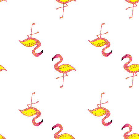 Isolated seamless pattern with pink and yellow colored flamingo ornament. White background. Doodle artwork. Graphic design for wrapping paper and fabric textures. Vector Illustration.のイラスト素材