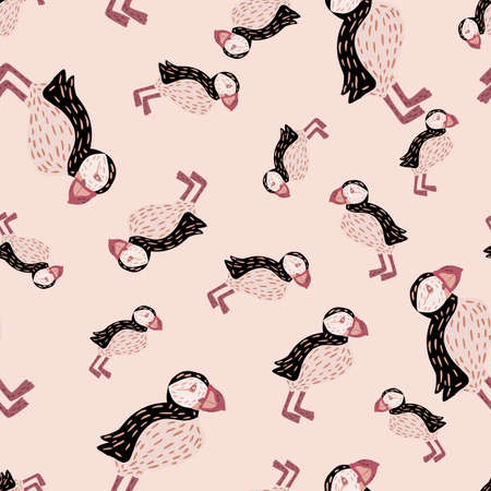 Seamless random pattern with doodle puffin bird hand drawn print. Pastel pink background. Doodle artwork. Flat vector print for textile, fabric, giftwrap, wallpapers. Endless illustration.のイラスト素材