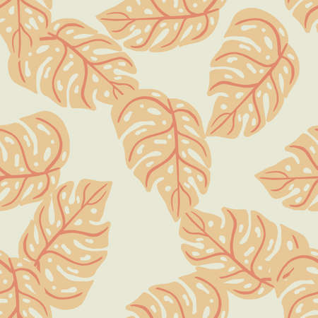 Orange pastel monstera silhouettes tropic print seamless pattern. Grey background. Nature wild flora backdrop. Stock illustration. Vector design for textile, fabric, giftwrap, wallpapers.のイラスト素材