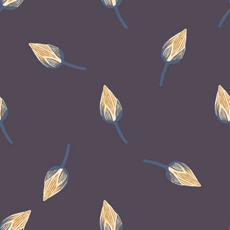Nature seamless pattern with beige colored tulip bud shapes ornament. Dark purple background. Stock illustration. Vector design for textile, fabric, giftwrap, wallpapers.のイラスト素材